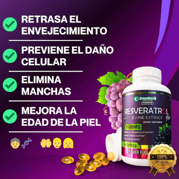 Resveratrol® ORIGINAL: 100 cápsulas (DOSIS PARA 1 MES) Recupera tu energía y enfrenta el día con fuerza + ENVÍO GRATIS